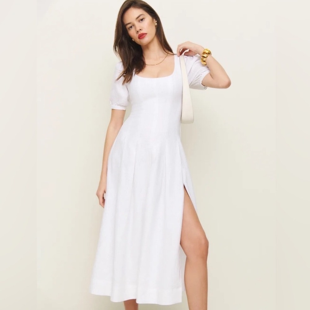 Reformation Women's Coucou Midi Dress White Puff Sleeve Linen- Size‎ 8
